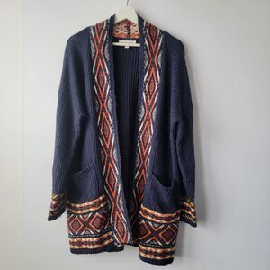 Lucky Brand women's Aztec open-front cardigan size L pockets Knit Boho Chunky
